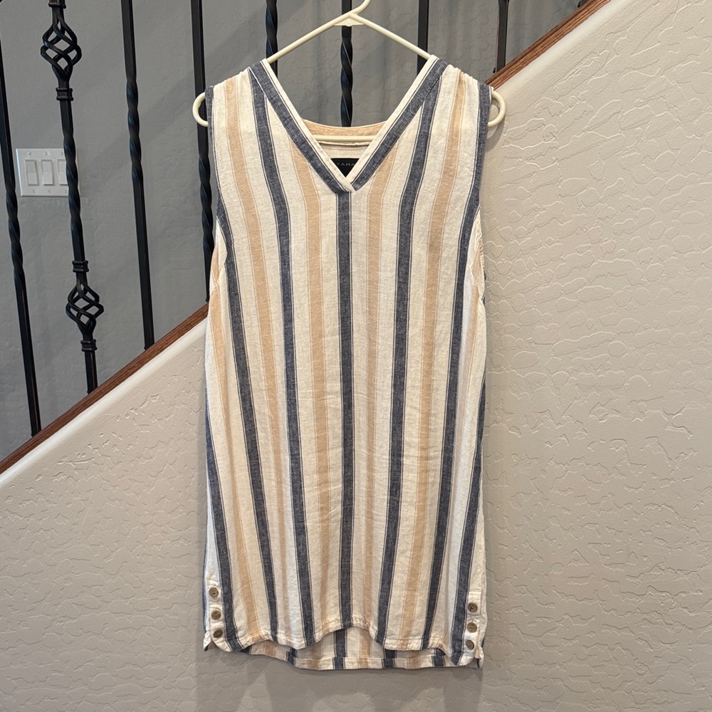 Tahari V-Neck Striped Dress in Blue and Cream